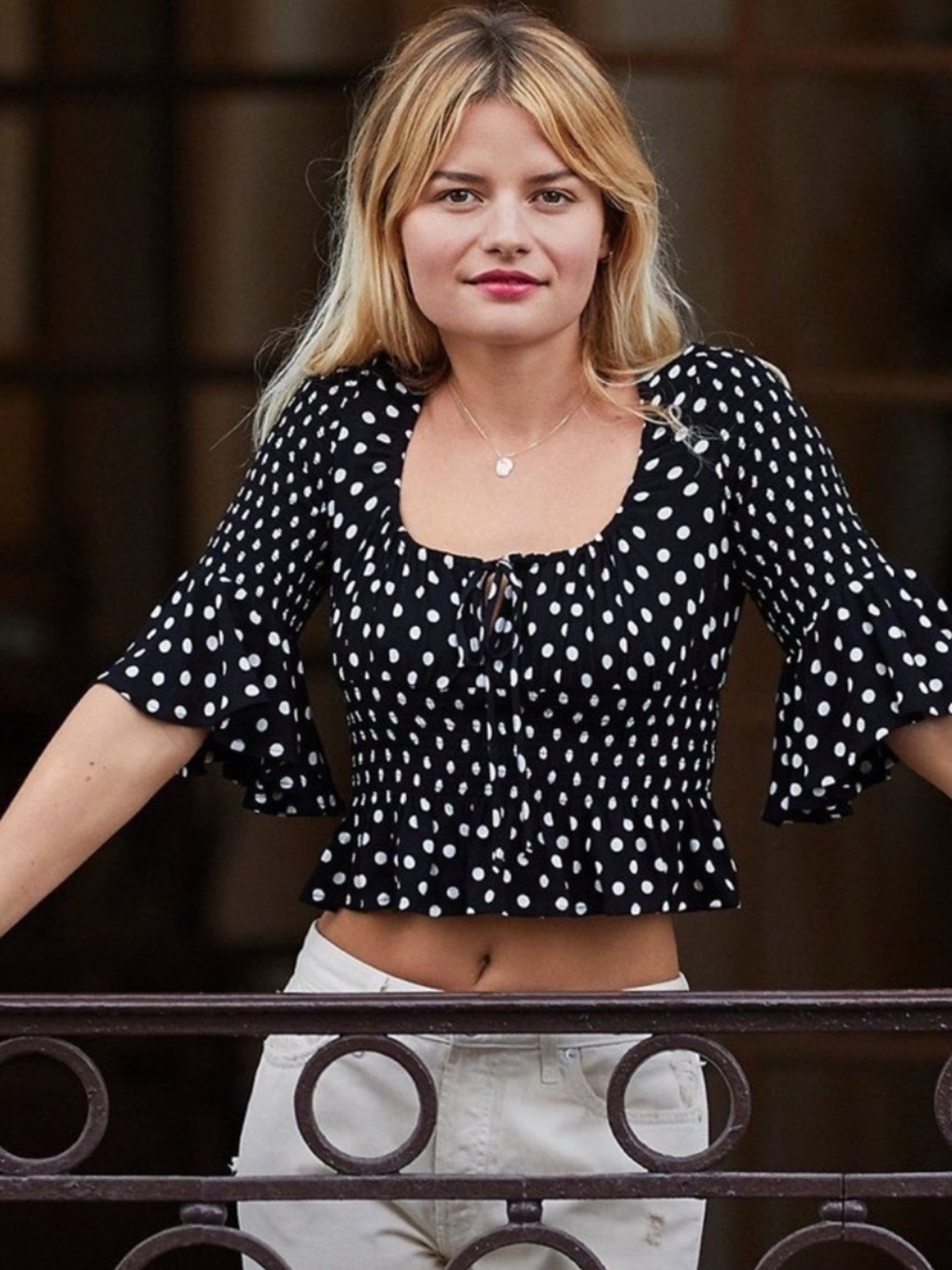 Free People A Bit of Something Sweet Polka Dot Smocked Top L NWT
